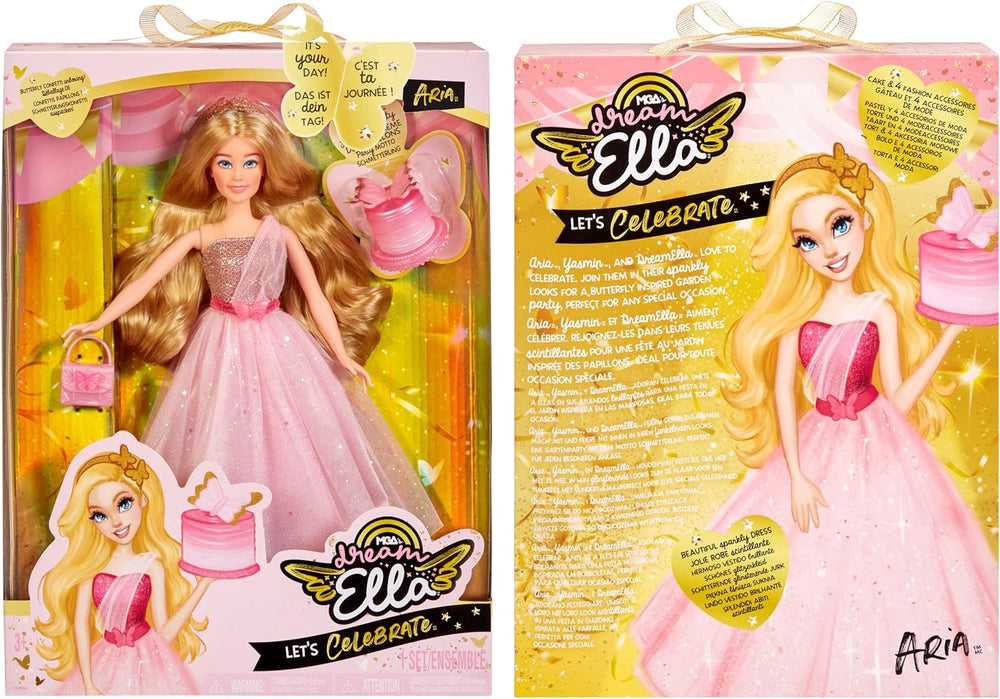 MGA's Dream Ella Let's Celebrate Puppe - ARIA - 29 cm große Blonde Party Modepuppe - Rosa & Gold Glitter Konfettischmetterlinge - 5 akcesoriów - Für Sammler & Kinder ab 4 Jahren