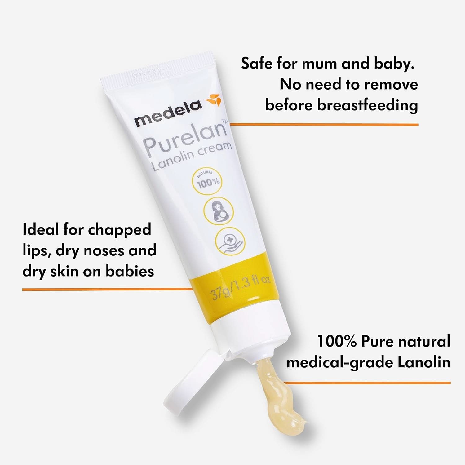 Medela Purelan 37G Lanolinowy krem ​​na sutki - krem ​​na obolałe sutki i suchą skórę, w 100% naturalny, hipoalergiczny Akcesoria Żywność i karmienie piersią Sklep Bebe Naty