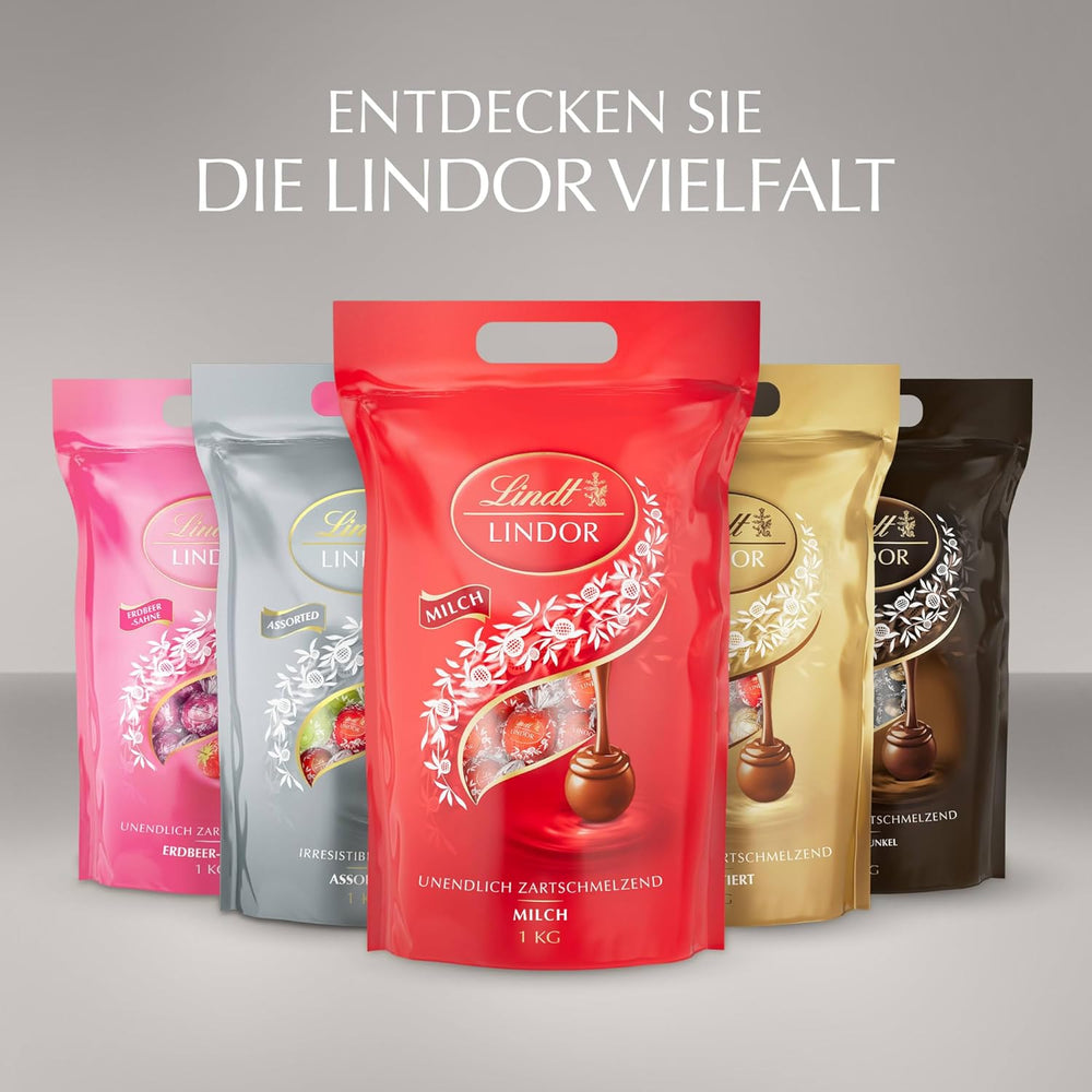 Czekolada Lindta | Różne torby LINDOR srebrne | Worek 1 kg | 80 kulek rozpływającej się w ustach mlecznej czekolady, 70%, smak solonego karmelu i podwójnej czekolady | Prezent w postaci czekolady do dzielenia się
