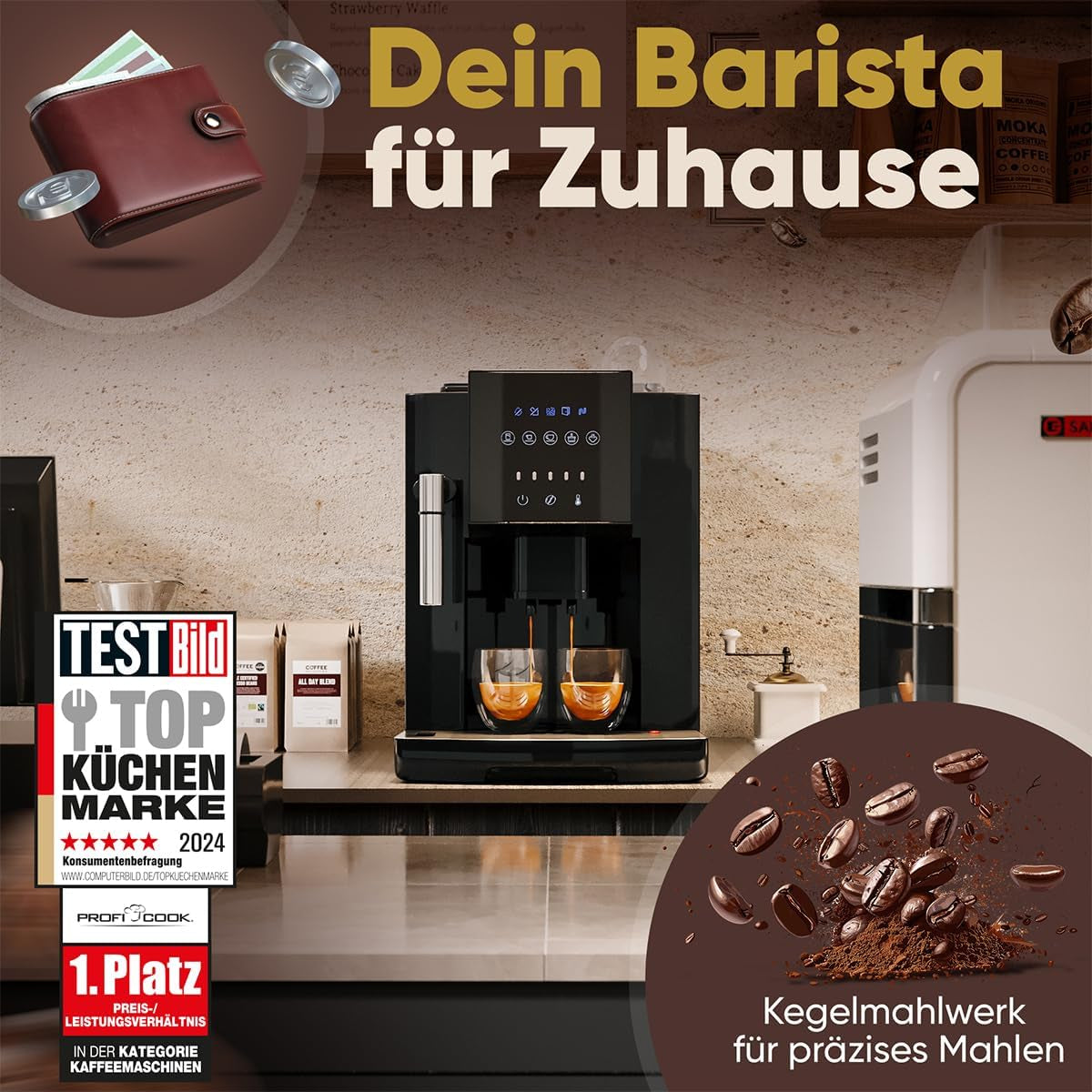 Espressor ProfiCook® complet automat cu spumator de lapte pentru cappuccino | Râșniță conică | cu funcție de încălzire a ceștilor | Pompă profesională italiană | Ecran tactil | Espressor | PC KAV 1281