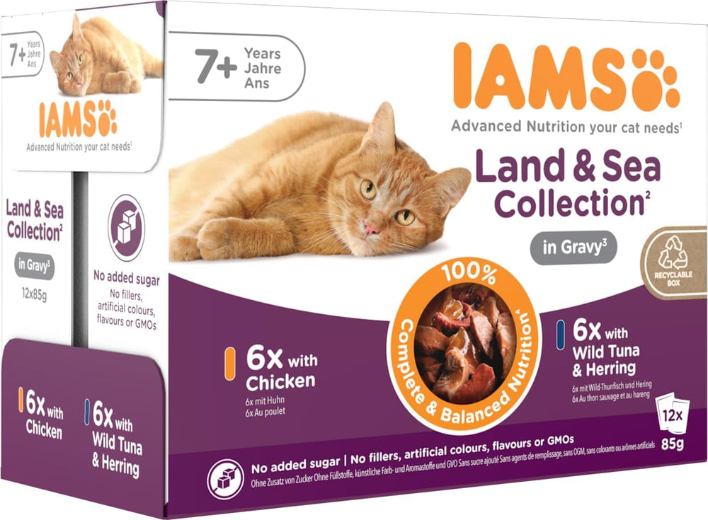IAMS Delights Hrană umedă pentru pisici senior - Pachet multiplu cu pui și pește în sos, hrană umedă de înaltă calitate pentru pisici mai în vârstă de la 7 ani, 12 x 85 g