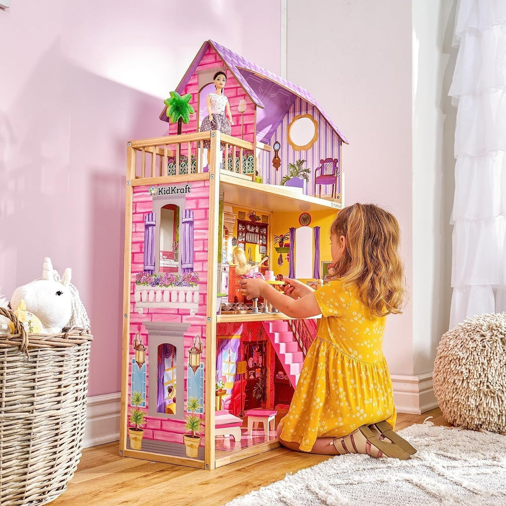 Drewniany domek dla lalek Kidkraft Kayla z meblami i akcesoriami, 3-poziomowy zestaw dla lalek 30 cm, zabawka dla 3 lat, 65092 — wyłącznie w sklepie Amazon Dollhouses Naty Shop