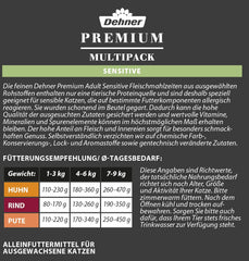 Dehner Premium Katzenfutter Sensitive Multipack, Nassfutter, für ernährungssensible Katzen, je 4 x Huhn / Rind / Pute, 12 x 100 g Beutel (1.2 kg)