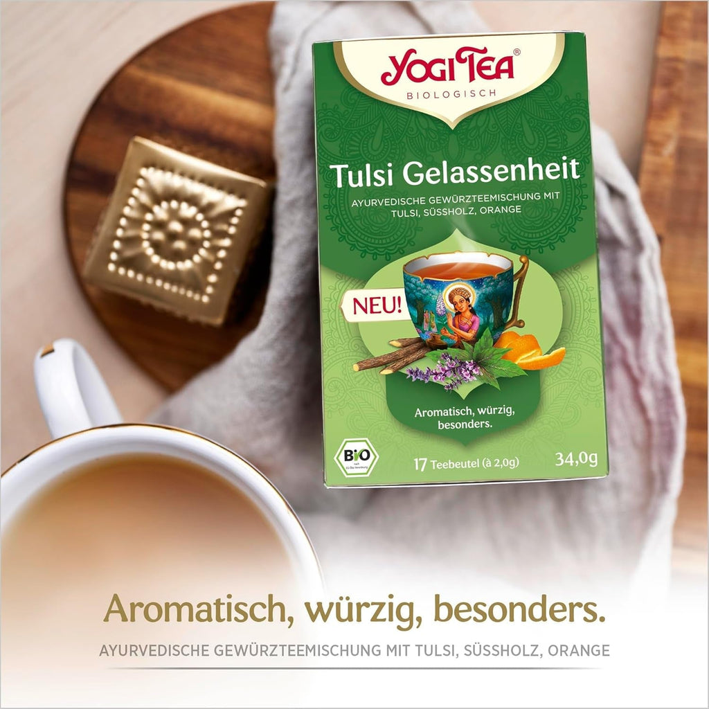 Yogi Tea - Tulsi Serenity, ceai ayurvedic din plante bio, fără cofeină din natură, amestec de tulsi - busuioc „sfânt”, lemn dulce și portocală, Yogi Tea pachet de 3, 3X17 pliculețe (51 pliculețe de ceai)