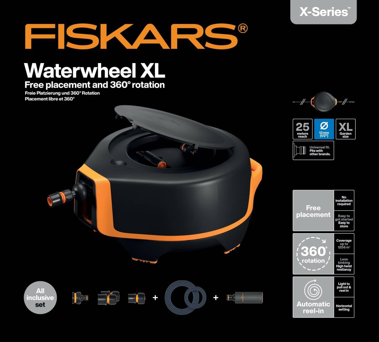 Fiskars Waterwheel XL, Set de udare all-inclusive, Rază totală de acțiune de 25 m, Retragere automată, Furtun de grădină universal (Ø 13 mm), Conector universal pentru robinet, Negru/Portocaliu, Seria X, 1067549