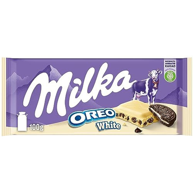 Milka Oreo Sandwich – Alpejska czekolada mleczna wypełniona chrupiącymi kawałkami ciasteczek Oreo i gładkim kremem waniliowym – 92g