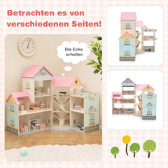 Casă de păpuși din lemn FANTASK, casă de păpuși 94 cm înălțime cu 41 de piese de mobilier și accesorii, vilă de păpuși cu 6 camere, terasă și garaj, cadou pentru fete de la 3 ani Casute de papusi Naty Shop