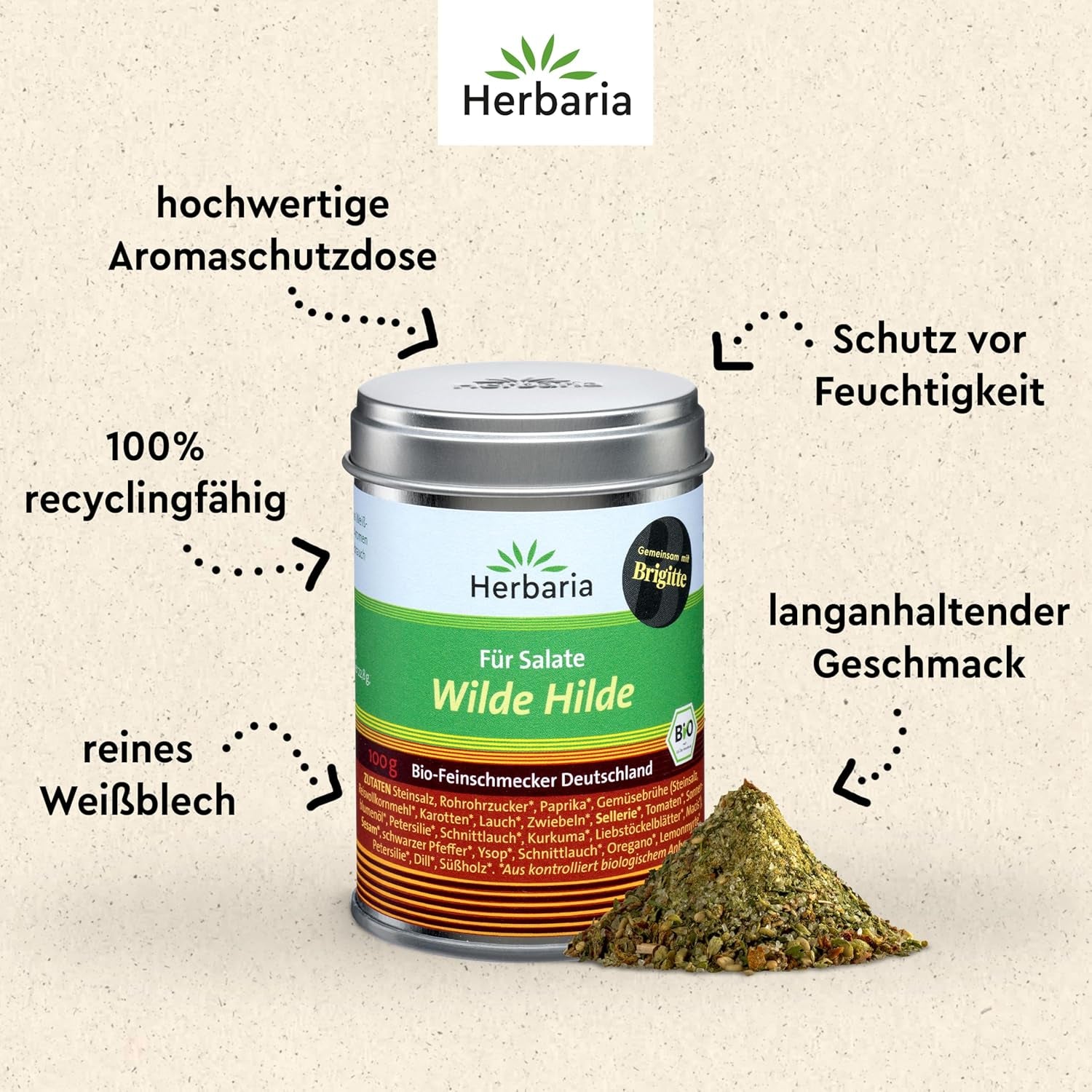Herbaria Wilde Hilde bio 100g M-Dose-fertige Bio-Gewürzmischung - Saladgewürz für ausgefeilte Salade - mit erlesenen Składnik - w nachhaltiger Aromaschutz-Dose