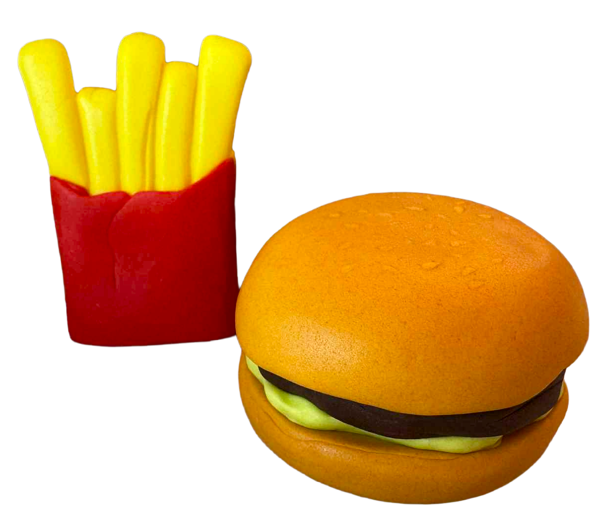 Jadalne dekoracje na tort Hamburger i frytki – zestaw 2 figurek z masy cukrowej (~6 cm)