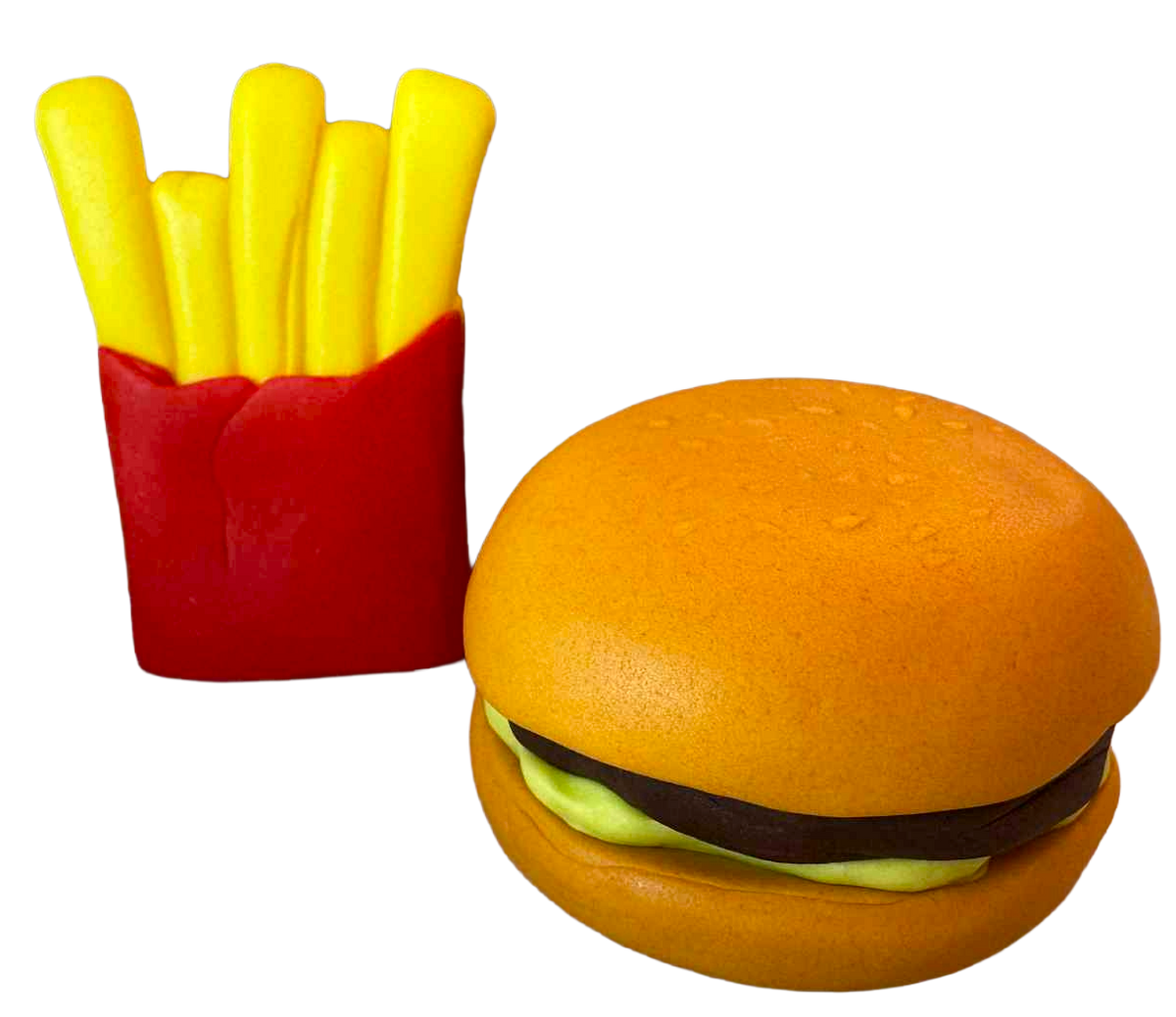 Jadalne dekoracje na tort Hamburger i frytki – zestaw 2 figurek z masy cukrowej (~6 cm)