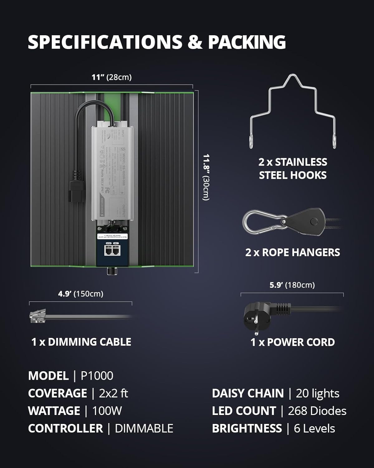 VIPARSPECTRA P1000 Oświetlenie LED do uprawy Pełne spektrum 2024 Oświetlenie LED do uprawy 0% -100% Możliwość przyciemniania dla szklarni Rośliny domowe Sadzonki Warzywa Kwiaty Rosną namioty 60x60cm i 80x80cm