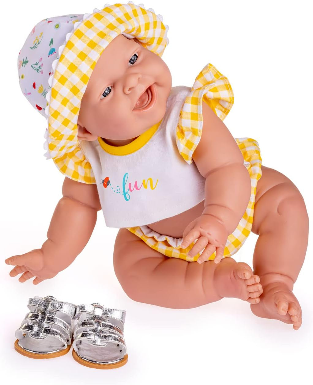 JC Toys - Lola Lemon Twist Puppe, 36 cm, miękki winyl, uśmiechnięta twarz, sitzende Puppe, Kleidung mit Vichy und Sandalen, Mädchen, 2 Jahre