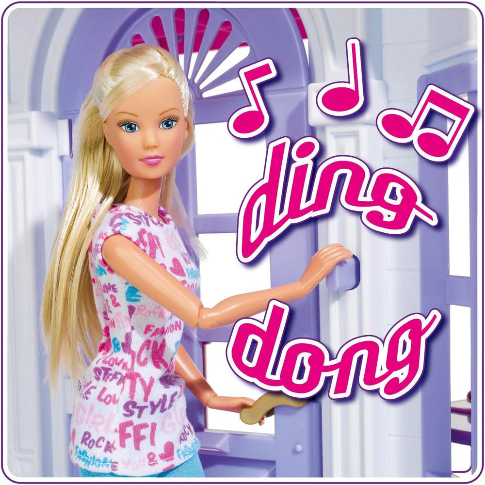 Simba 104661996 - Steffi Love Dreamhouse, duży domek do zabawy, 4 pokoje, BEZ LALEK, wysokość 84 cm, dwa poziomy, funkcjonalny dzwonek, składane domki dla lalek Naty Shop