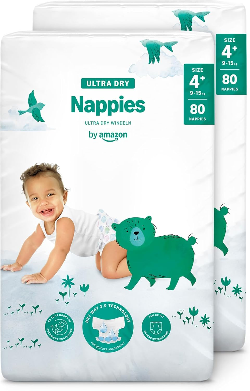 Pieluchy Amazon Ultra Dry, rozmiar 3 (4–9 kg) – pudełko miesięczne, białe, 172 sztuki (2 opakowania po 86) (dawniej Mama Bear, identyczny produkt)