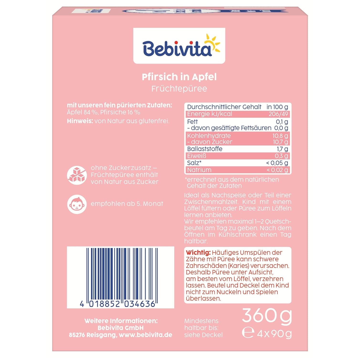 Woreczki do wyciskania Peach Apple - 16 opakowań (4 opakowania po 4 x 90 g każde), bez dodatku cukru, bezglutenowe, wegańskie, idealne dla dzieci od 5. miesiąca życia, idealne na wynos