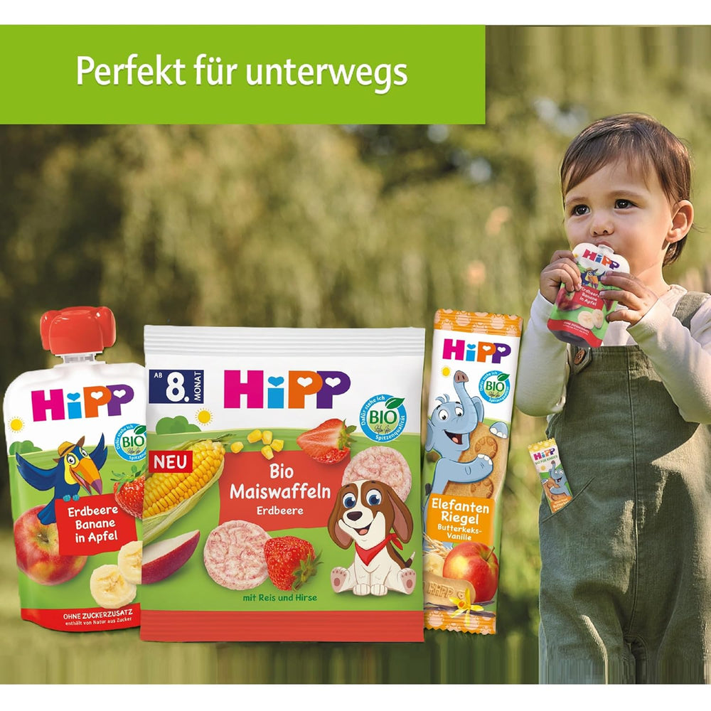 Saszetki wyciskane HiPP z organicznymi brzoskwiniami i bananami w torebkach z jabłkami i ciasteczkami - Leniwy Feliks (8 x 100g), od 1 roku, owoce ze zbożami, bez dodatku cukru, najlepsza jakość organiczna