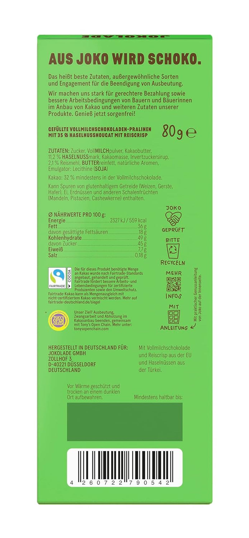 JOKOLADE PRALINE Pudełko 80g | Obfite nadzienie z kremem nugatowym z orzechów laskowych i frytkami | Czekolada Fair Trade od Joko Winterscheidt