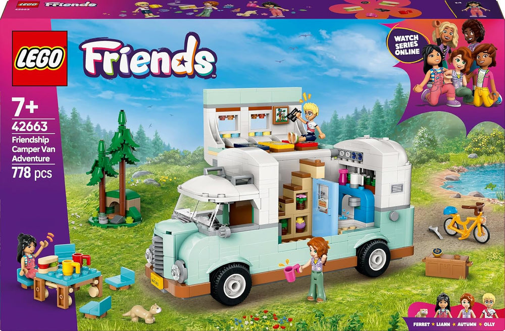 Przyczepa LEGO Friends, zestaw do budowania do odgrywania ról z przyczepą kempingową, prezent dla dziewczynek w wieku od 7 lat, kreatywny zestaw z 3 minifigurkami i figurką zwierzątka fretki 42663 Zestawy do budowania Besuche den LEGO-Store