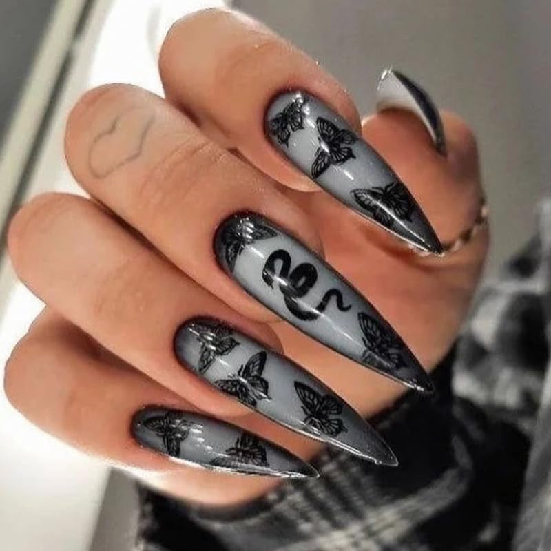 Mouyouglow Unghii lungi, Stiletto, alb lăptos, gradient roz, sclipici, cool, unghii false cu lipici, unghii artificiale roz Ombre sclipici