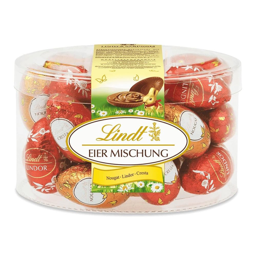 Asortiment de ouă de ciocolată Lindt | Pungă de 450 g | 9x Ciocolată cu lapte LINDOR, 8x Nuga, 8x Cresta | Varietate de ouă de ciocolată colorate pentru Paște | Ciocolată de Paște | Cadou de ciocolată | Ouă fine de Paște