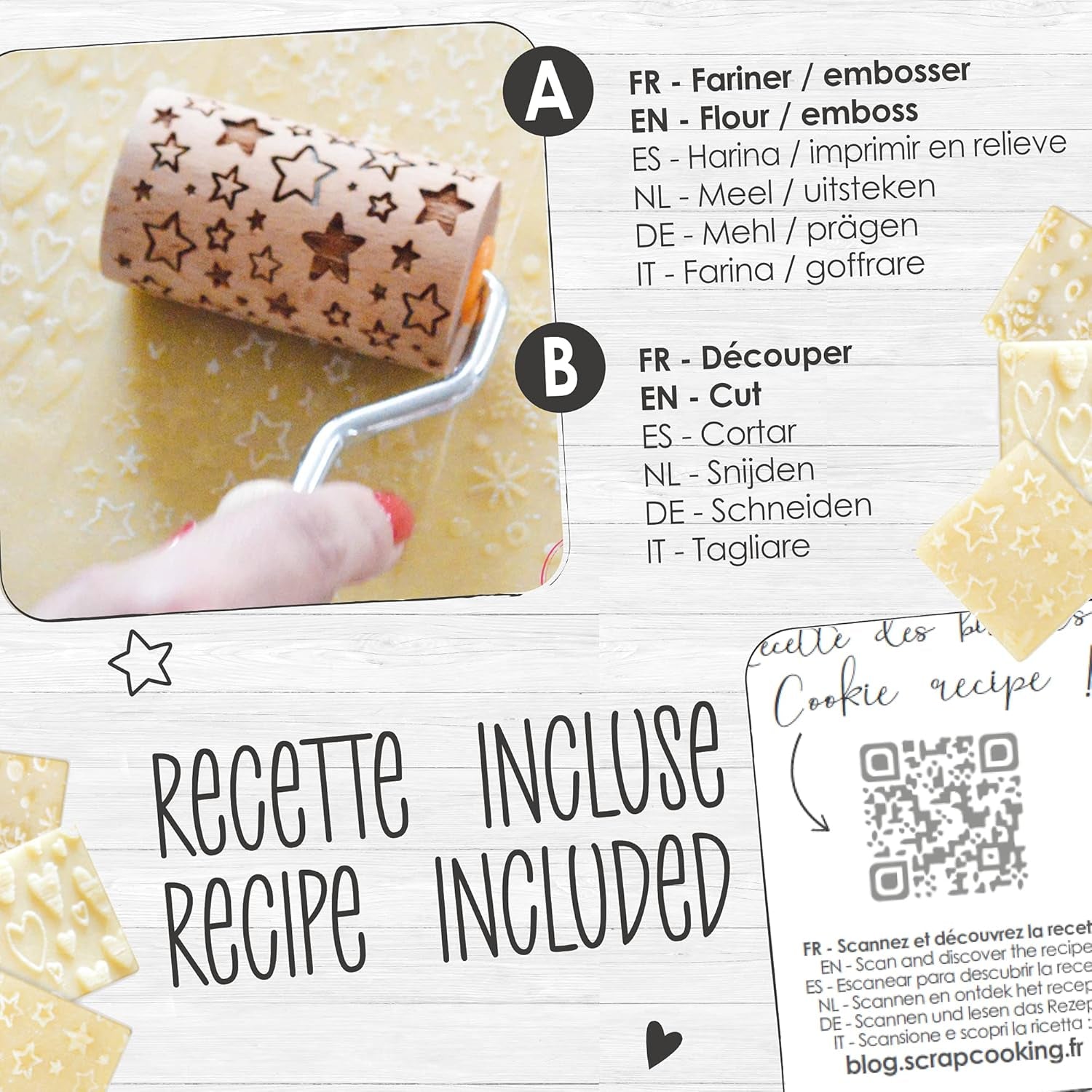 ScrapCooking 3798 Zestaw świątecznych ciasteczek – 3 Mini-Gebäckrollen aus Holz mit Motiven – Dekos mit Prägung – Form für Kekse, Sandgestrahlt, Kekse