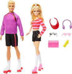 Set Barbie Fashionistas cu 2 păpuși la modă și 6 accesorii, păpuși la modă Barbie și Ken care patinează cu role, figurine de colecție aniversare de 65 de ani, HXK90