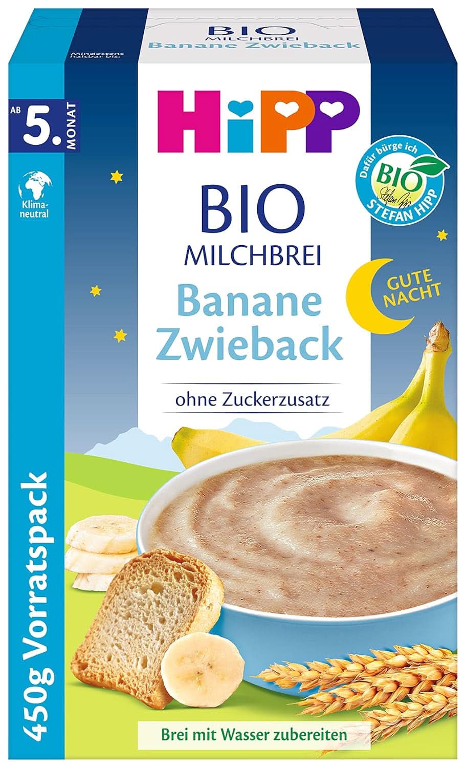Hipp terci de lapte organic fără adaos de zahăr, semolina si banana, pachet de stocare (4X450 grame) Mama si Copilul Naty Shop 4 x 450 grame Banana Rusk