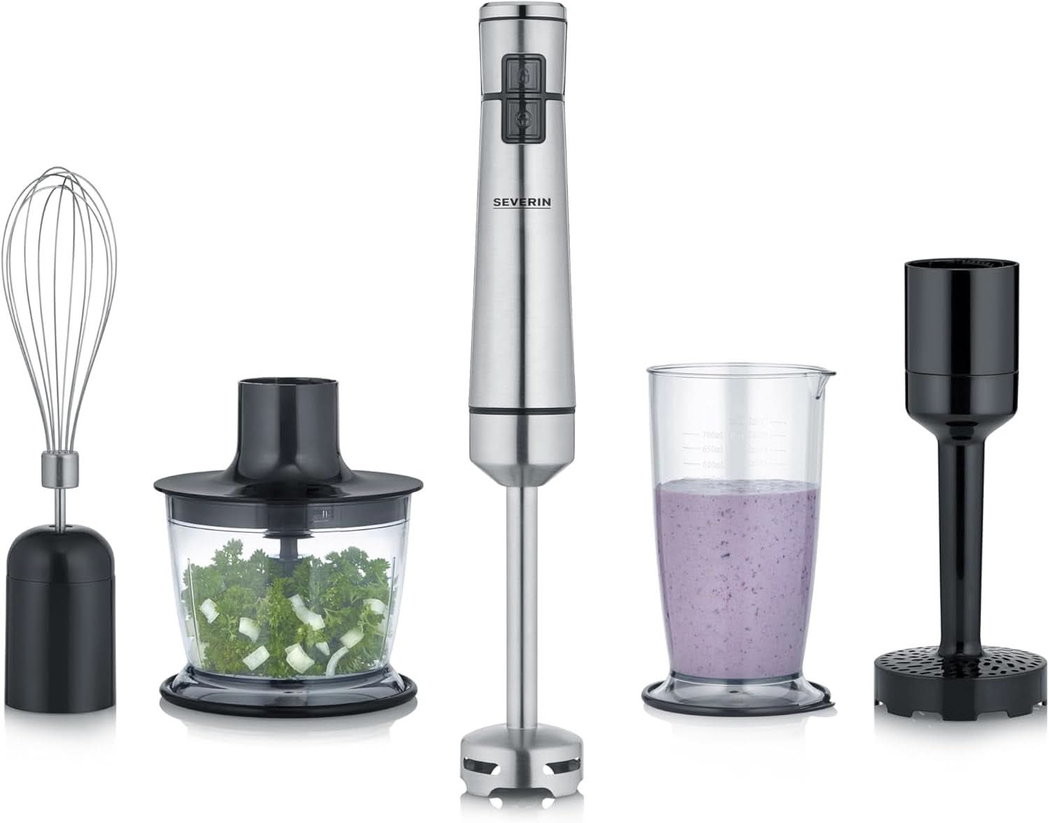 SEVERIN Kabelloser Stabmixer Mit Premium-Set, Abnehmbarer Mixstab, Mit Pürierstab, Multizerkleinerer, Mixbehälter, Kartoffelstampfer & Schneebesen, Schwarz/Edelstahl-Gebürstet, SM 3775 Matka i dziecko Naty Shop Kabellos Inkl. Premium Zubehör