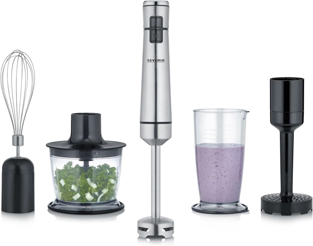 SEVERIN Kabelloser Stabmixer Mit Premium-Set, Abnehmbarer Mixstab, Mit Pürierstab, Multizerkleinerer, Mixbehälter, Kartoffelstampfer & Schneebesen, Schwarz/Edelstahl-Gebürstet, SM 3775 Matka i dziecko Naty Shop Kabellos Inkl. Premium Zubehör
