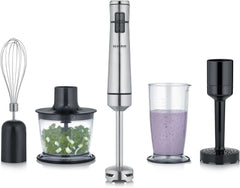 SEVERIN Kabelloser Stabmixer Mit Premium-Set, Abnehmbarer Mixstab, Mit Pürierstab, Multizerkleinerer, Mixbehälter, Kartoffelstampfer & Schneebesen, Schwarz/Edelstahl-Gebürstet, SM 3775 Matka i dziecko Naty Shop Kabellos Inkl. Premium Zubehör