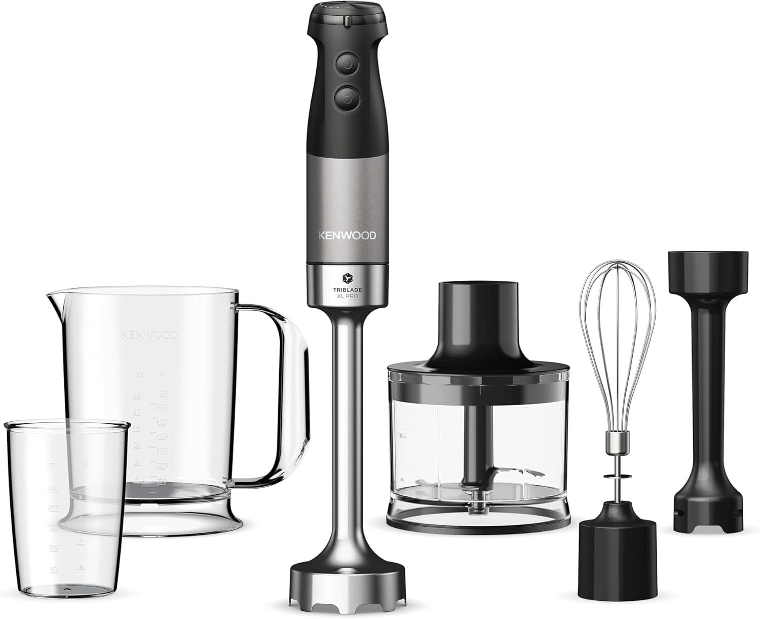 Kenwood Triblade XL Pro Stabmixer HBM80.322BK, 1200W, Zmienna prędkość, Edelstahl(Pürierfuß), Schneebesen, Emulgieraufsatz, 500Ml Zerkleiner, 700 i 250Ml Becher, Spülmaschinenfeste Teile Bucatarie Naty Shop Schwarz Hbm80.322Bk