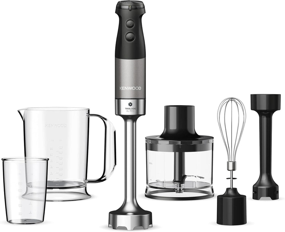 Kenwood Triblade XL Pro Stabmixer HBM80.322BK, 1200W, Zmienna prędkość, Edelstahl(Pürierfuß), Schneebesen, Emulgieraufsatz, 500Ml Zerkleiner, 700 i 250Ml Becher, Spülmaschinenfeste Teile Bucatarie Naty Shop Schwarz Hbm80.322Bk
