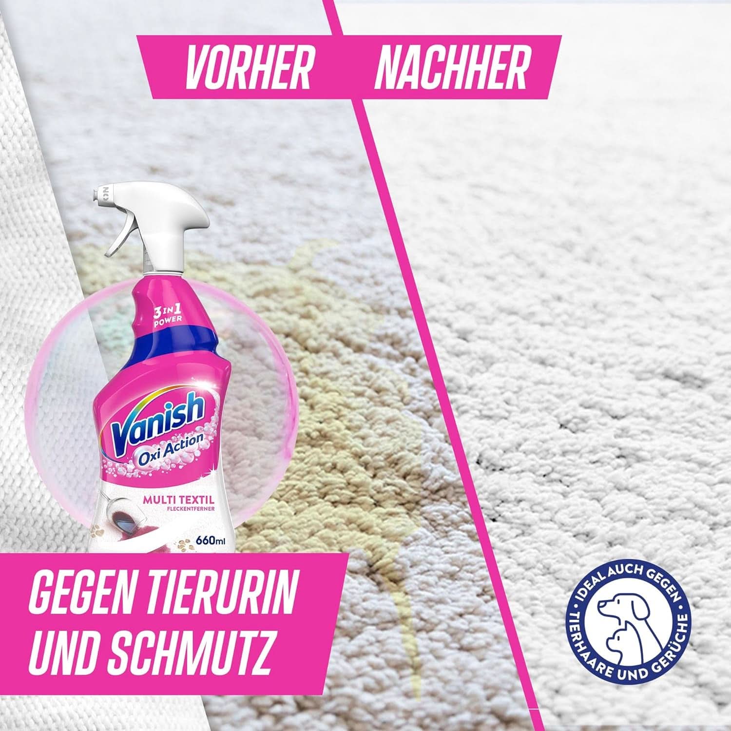 Vanish Oxi Action Multi - Odplamiacz do tekstyliów w sprayu - 660 ml - Detergent do tekstyliów do dywanów i tapicerki - przeciw brudowi i zapachowi moczu Naty Shop