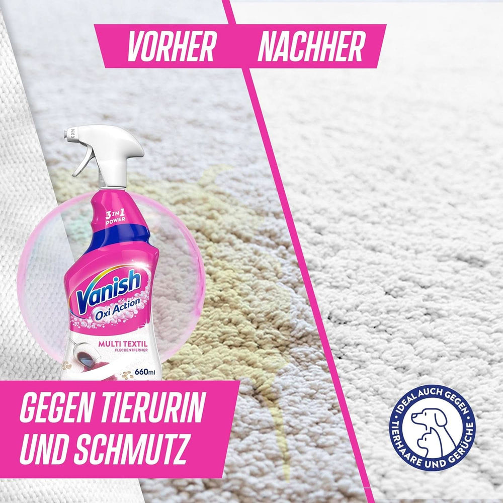 Vanish Oxi Action Multi - Odplamiacz do tekstyliów w sprayu - 660 ml - Detergent do tekstyliów do dywanów i tapicerki - przeciw brudowi i zapachowi moczu Naty Shop