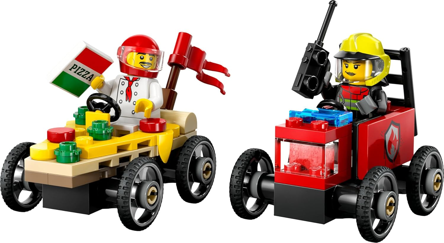 LEGO City Pizzalieferwagen vs. Löschauto - Seifenkisten Spielzeug für Mädchen und Jungen ab 5 Jahren - Bauset mit 2 Fahrer Minifiguren - Geschenk zum Geburtstag & für die Feiertage 60458