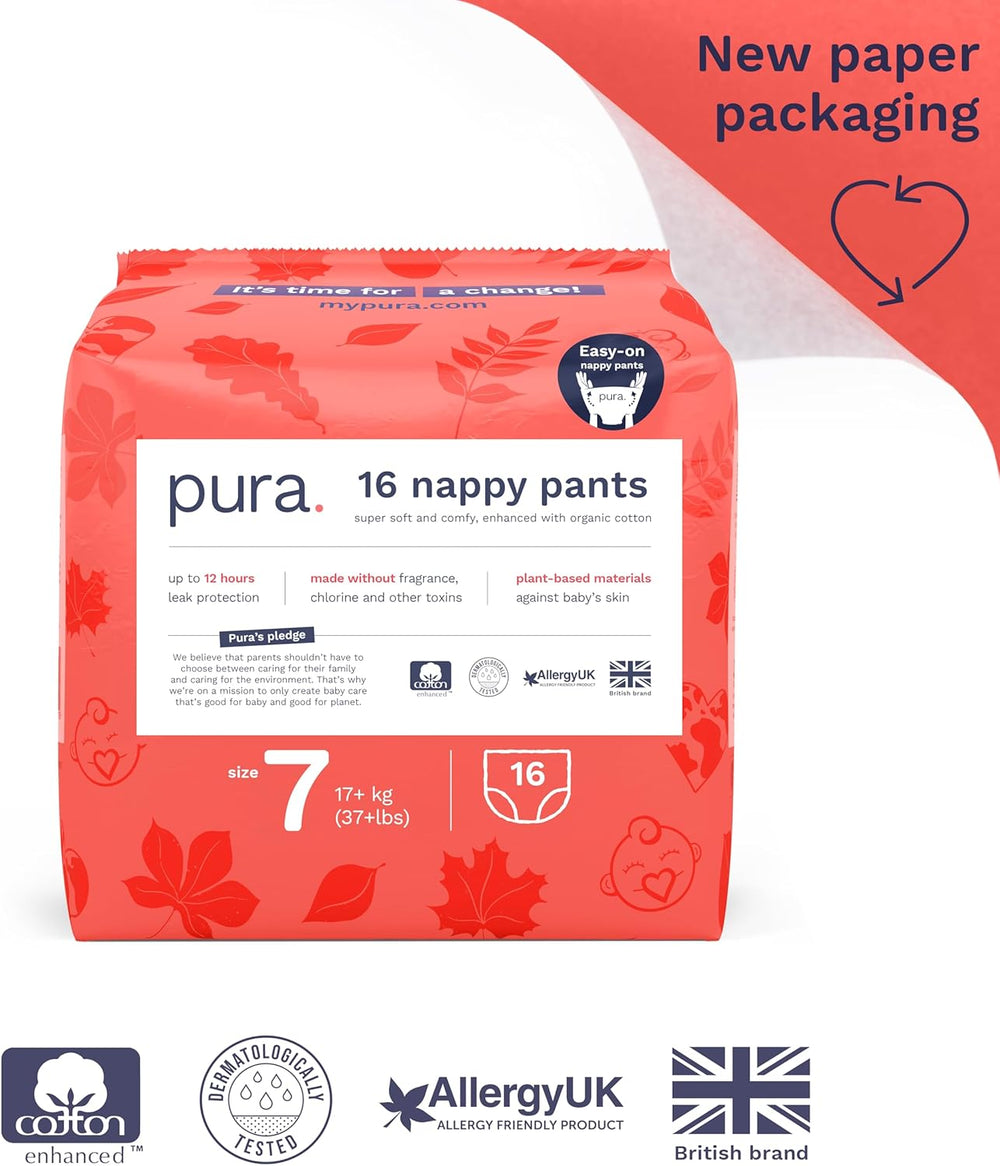 Majtki ekologiczne, rozmiar 7 (17kg+), 16szt, bielizna jednorazowa dla skóry wrażliwej i alergicznej, bezzapachowa, ściągana z boku