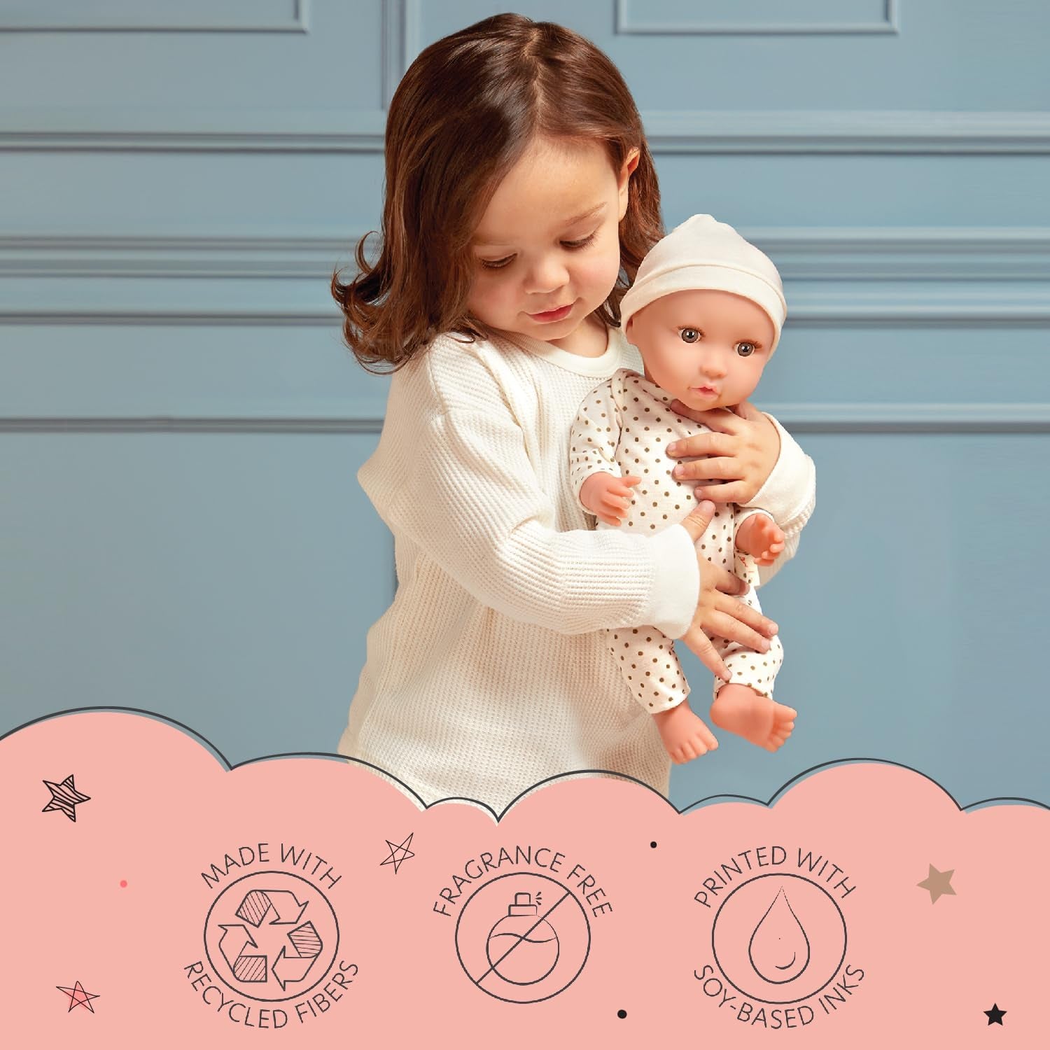 LullaBaby - Baby Puppe - Einteiler & Mütze - 36 cm Realistyczny Baby-Puppe - Orzech laskowy, brązowe oczy i miękkie ciało - Romper i Schnuller-Zubehör - Udawaj zabawę - Kinder 2 Jahre +