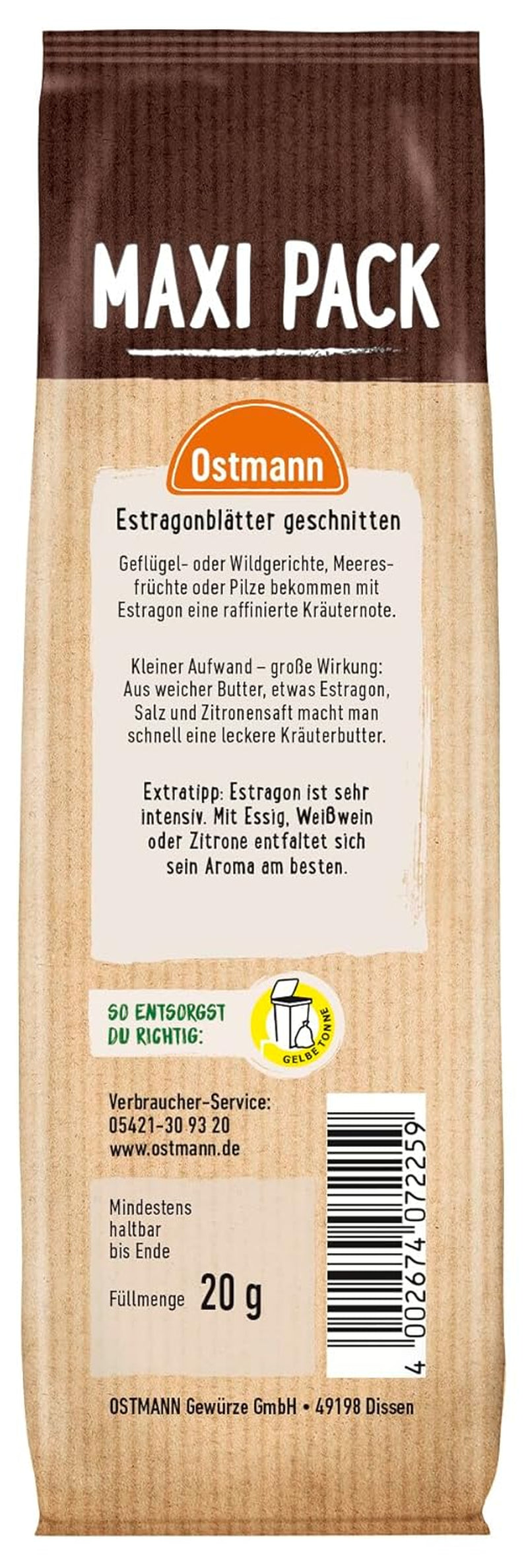 Ostmann Gewürze - Estragonblätter geschnitten | Zum Verfeinern von Salatsaucen, Gemüsegerichten und Remouladen | 20 g w torebce