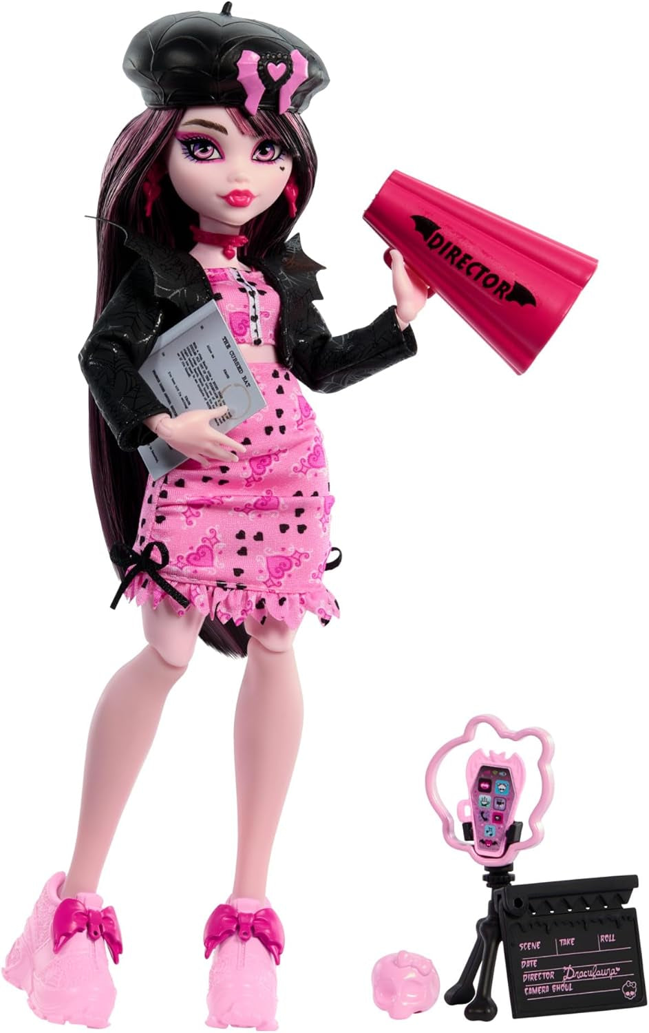 Lalka Monster High Draculaura ze swoim zwierzątkiem Hrabią Fantastyczny kot-nietoperz i akcesoria, takie jak plecak, księga zaklęć, pudełko bento i inne, motyw HRP64 Naty Shop Dolls Movie Club