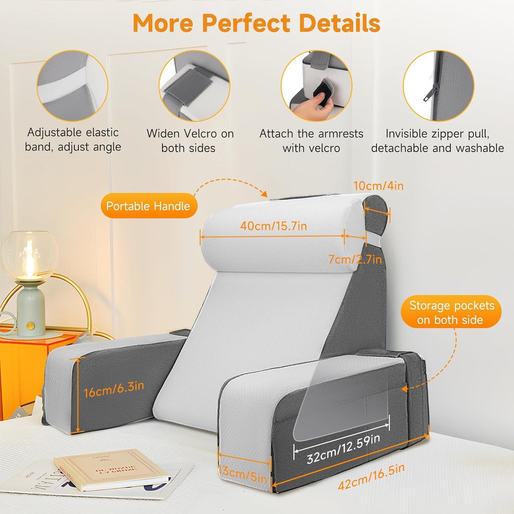 Pernă mare de citit cu suport pentru gât și cotiere detașabile, pernă pentru spate pentru pat, pernă ergonomică pentru spătar cu braț, buzunar și husă lavabilă pentru citit și vizionat la televizor.