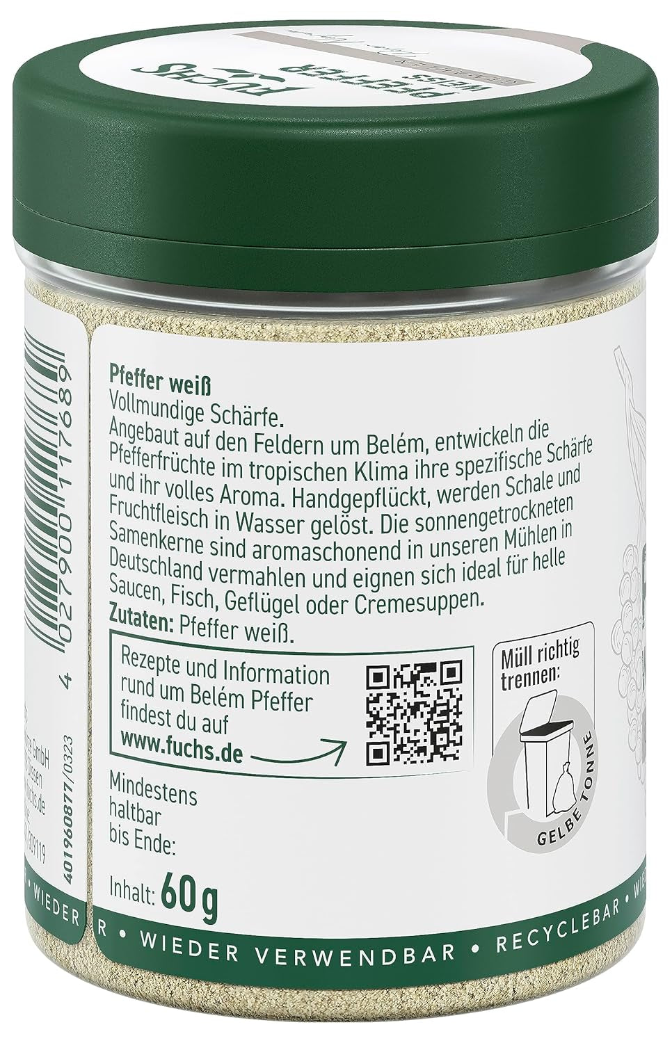 Fuchs Gewürze - Pfeffer weiß gemahlen - Pfeffer aus dem Amazonasgebiet, für helle Saucen, Fisch oder Suppen - naturalne Składniki - 60 g w wiederverwendbarer, recyclebarer Dawka