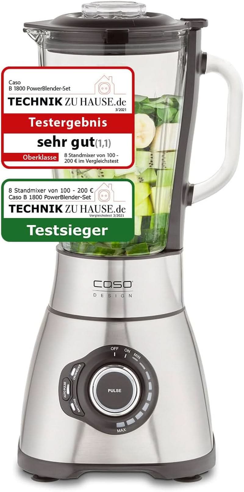 CASO B 1800 Powerblender-Set - Mikser stojący, 28 000 U/Min, Glasbehälter 1,75 L, Inkl. Trinkflasche Und Zerkleiner, Mixer Testsieger Mit Sehr Gut, Edelstahl Naty Shop Standmixer + Zubehör