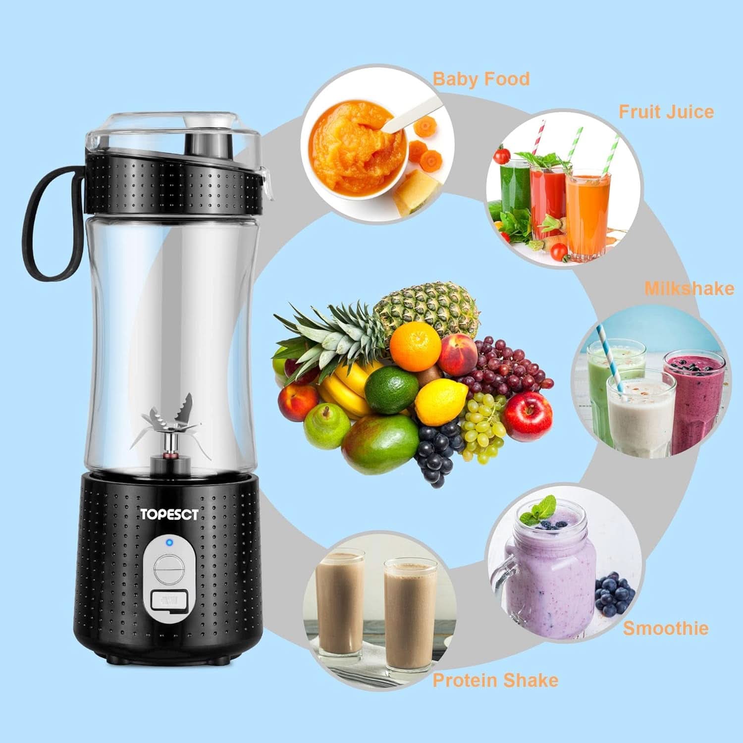 Topesct Tragbarer Mixer, Smoothie Maker to Go – Mobilny mikser stojący/Elektrischer Mini Saftmixer Sechs Klingenin 3D-Anordnung Für Hervorragendes Mixen, 13Oz USB Wiederaufladbarer Juicer (Schwarz) Kitchen Naty Shop