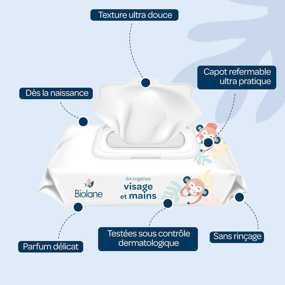 BIOLANE - Chusteczki nawilżane dla dzieci do twarzy i dłoni - Opakowanie 6 szt. - 384 chusteczki (6 x 64 cm) - Czyści i chroni - Artykuły toaletowe - Hipoalergiczny - Do skóry wrażliwej - 97% składników naturalnych - Wyprodukowano