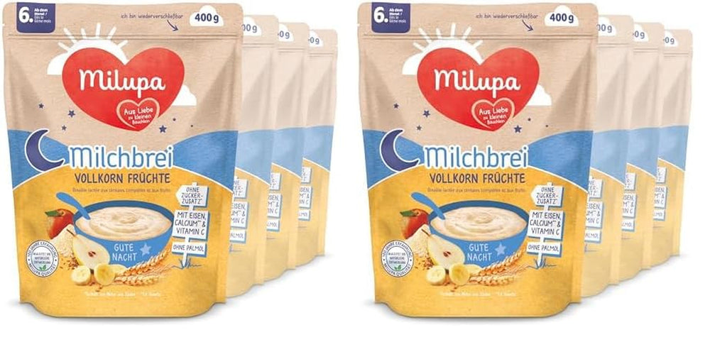 Milupa Owsianka Mleczna Pełnoziarniste Owoce - Owsianka dla dzieci bez oleju palmowego, od 6 miesiąca życia - 4 X 400 G (opakowanie 2 szt.) Matka i Dziecko Naty Shop Default Title