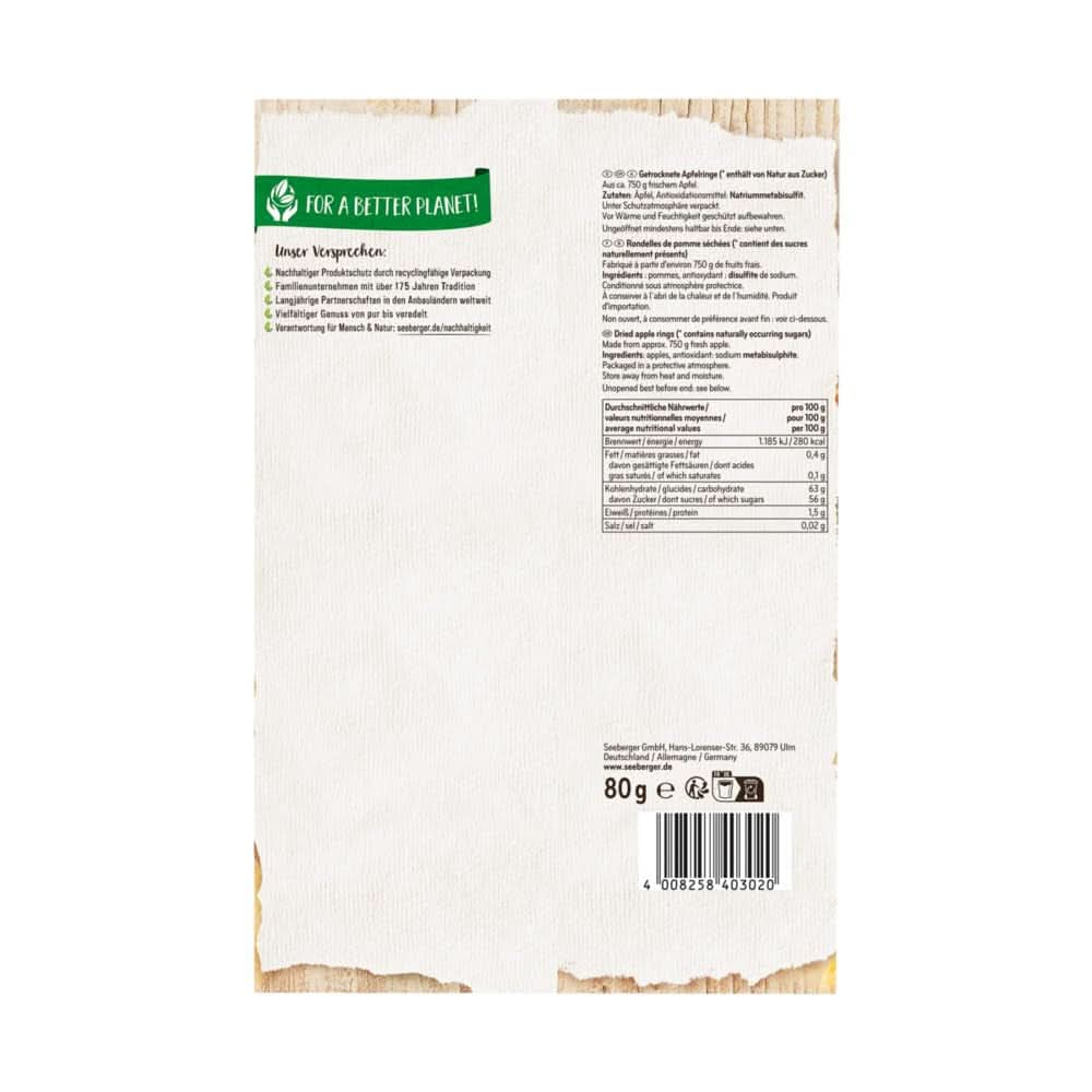 Seeberger, najwyższej jakości suszone plasterki jabłka, bez dodatku cukru, 10 x 80 gramów Produkty suszone Naty Shop