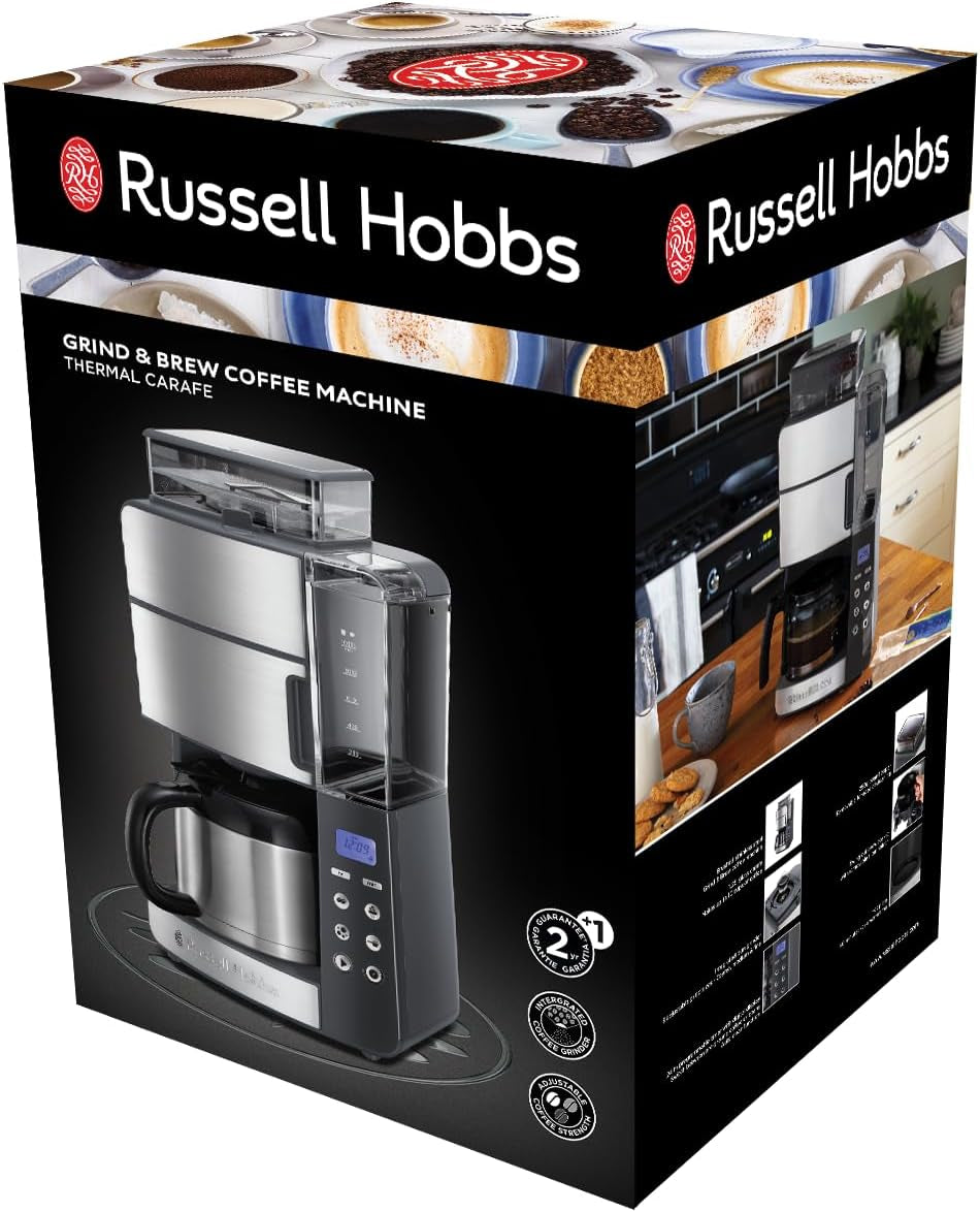 Cafetieră Russell Hobbs cu râșniță și carafă termică [temporizator digital, cap de duș pentru extracție și aromă optime] Grind&Brew (1-10 cești, 3 setări de măcinare) Cafetieră cu filtru 25620-56