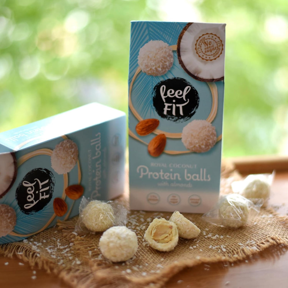 Praliny kokosowe bez cukru z migdałami, Feel FIT, bez dodatku cukru, 17% białka, 63 g