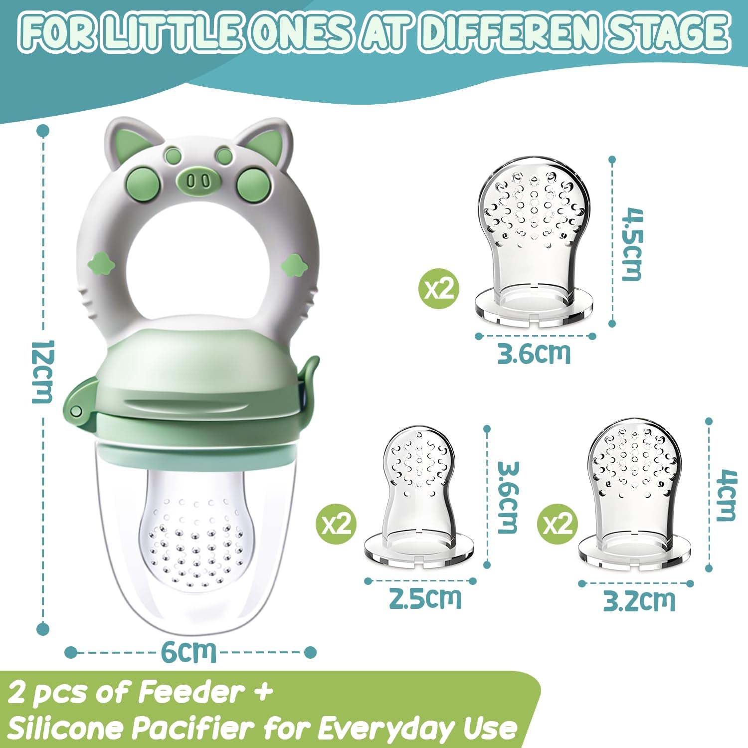Hrănitoare cu fructe pentru bebeluși, pachet de 2 suzete cu fructe pentru bebeluși de la 3 luni în sus, versiune îmbunătățită 2023, suzete umplubile, suzete din terci, suzete cu fructe pentru bebeluși, fără BPA, 8 tetine din silicon în 3 dimensiuni