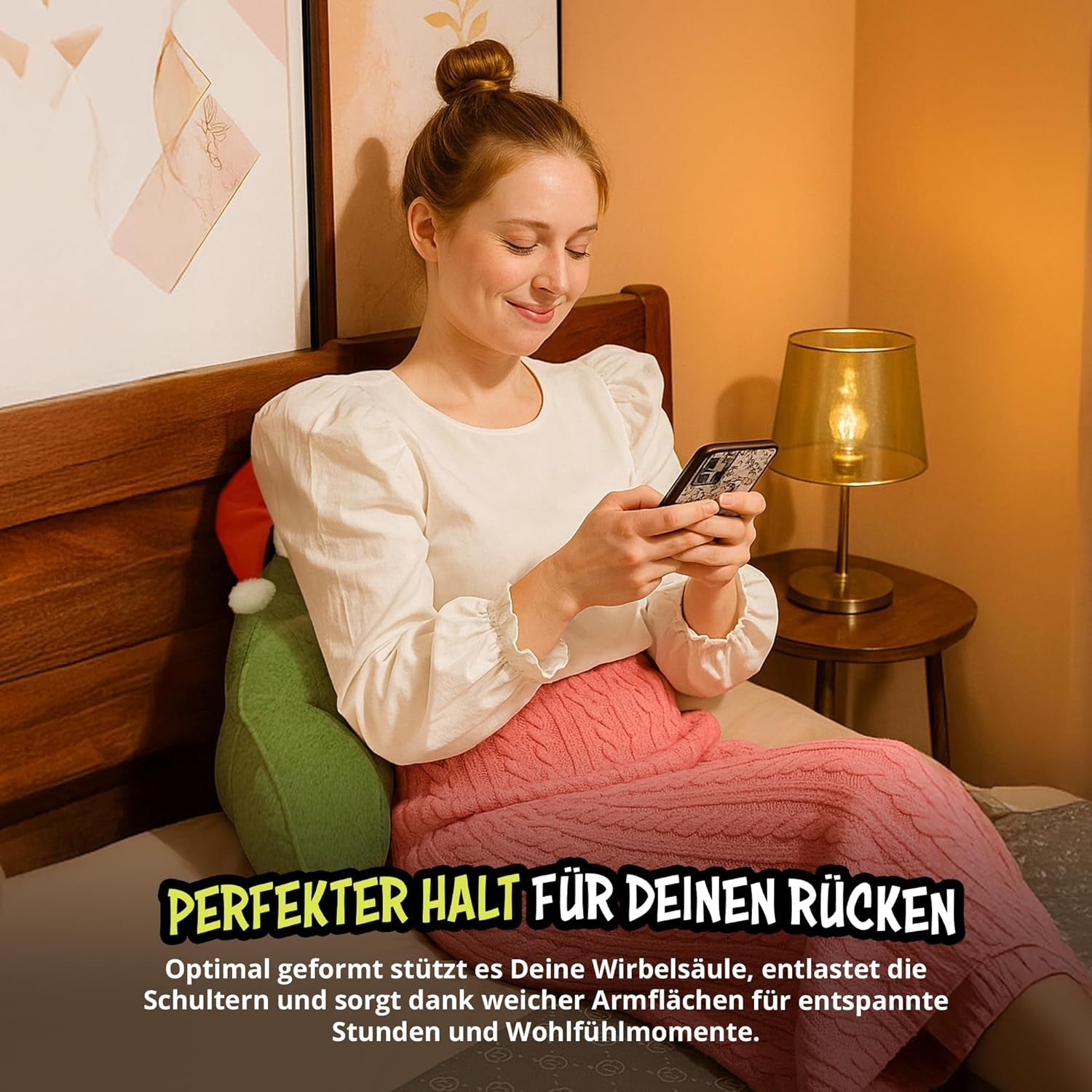 Perna Grinch - Pernă de spate pentru pat și canapea, suport pentru spate cu cotiere, pernă de citit pentru spate, gât și cap, verde, 40 x 38 cm